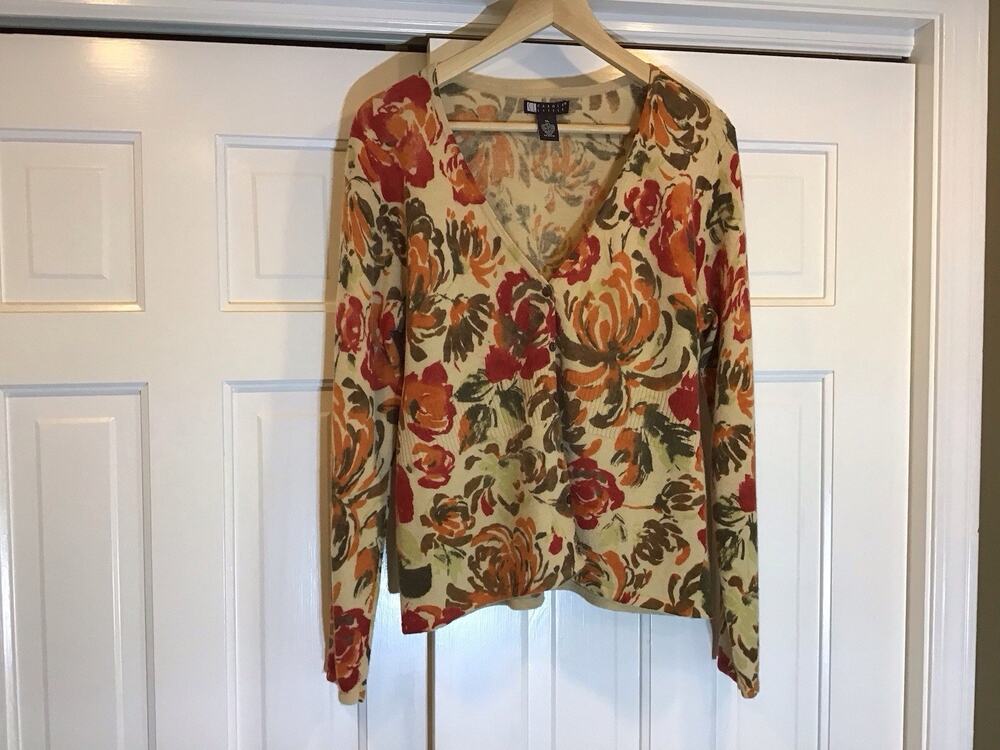 Carole Little Fall Leaf Cardigan Sweater Lambs Wool/Angora Bl. Women XL Luxury